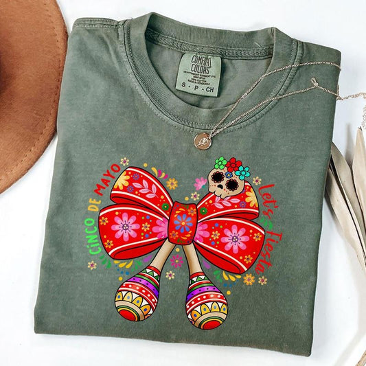 Comfort Colors Mexico Floral Cinco De Mayo Bow Shirt, Coquette Cinco De Mayo Shirt, Fiesta Shirt, Unisex T-Shirt