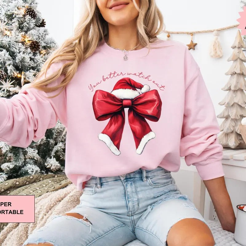 Coquette Christmas Sweatshirt, Santa Claus Sweatshirt, Coquette Red Christmas Bow, Festive Holiday Crewneck, Soft Girl, Christmas Crewneck