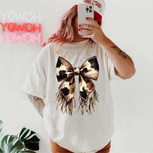 Cow Print Bow Shirt Western Bow~ Unisex Apparel Relaxed Fit Printed In The USA Clothing Womenswear Casual Comfort Cotton Top Athletic Boho Chic