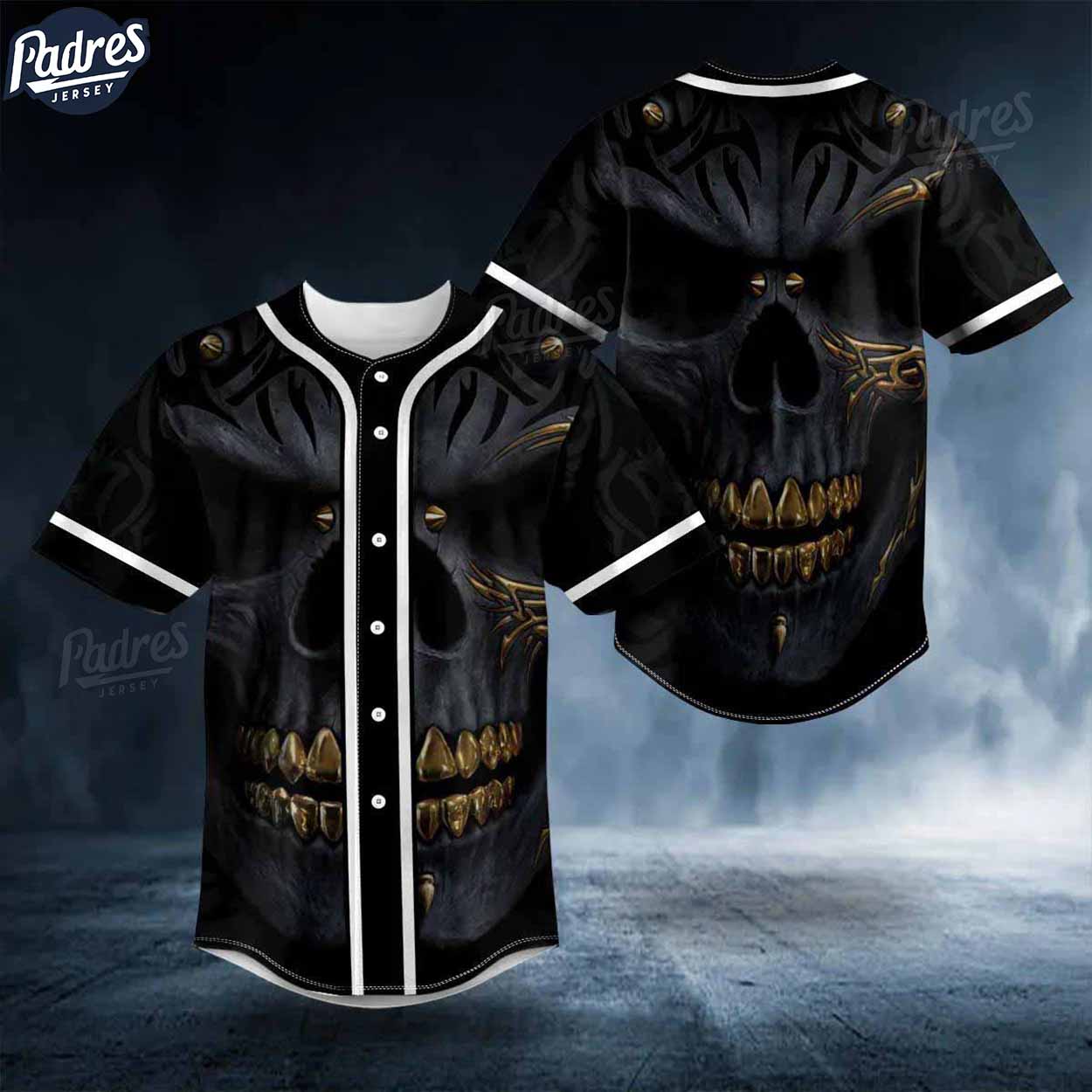 Custom Black Gold Demon Skull Baseball Jersey - Padres Jersey Oasis: Elevate Your Baseball Style Game