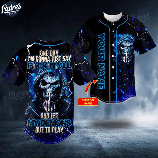 Custom F It All Middle Finger Grim Reaper Blue Lightning Skull Baseball Jersey - Padres Jersey Oasis: Elevate Your Baseball Style Game