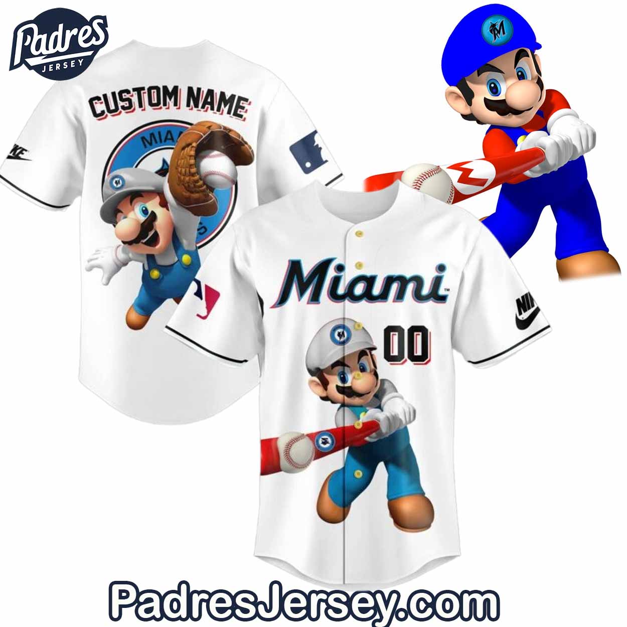 Custom Name Miami Marlins Super Mario Baseball Jersey - Padres Jersey Oasis: Elevate Your Baseball Style Game