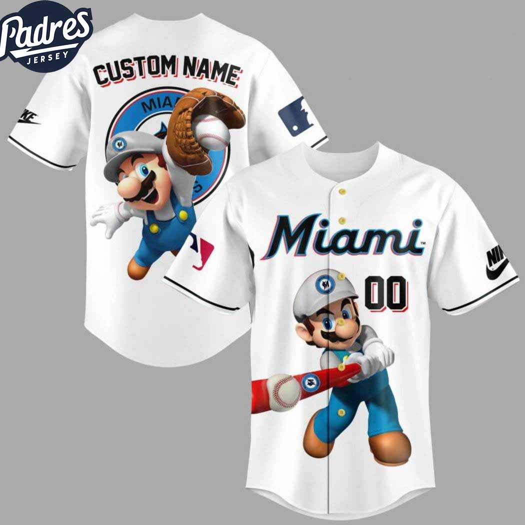 Custom Name Miami Marlins Super Mario Baseball Jersey - Padres Jersey Oasis: Elevate Your Baseball Style Game