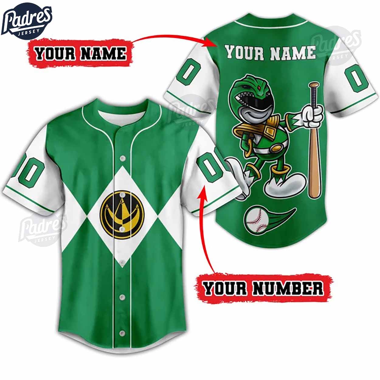 Custom Power Rangers Green Ranger Baseball Jersey - Padres Jersey Oasis: Elevate Your Baseball Style Game