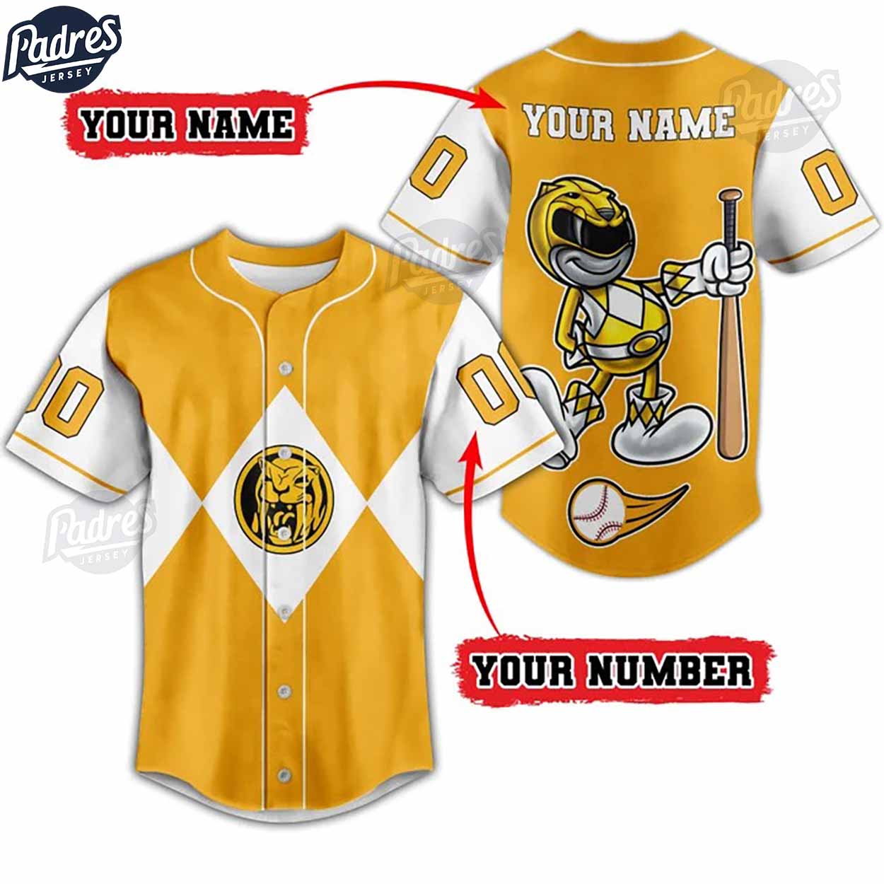 Custom Power Rangers Yellow Ranger Baseball Jersey - Padres Jersey Oasis: Elevate Your Baseball Style Game