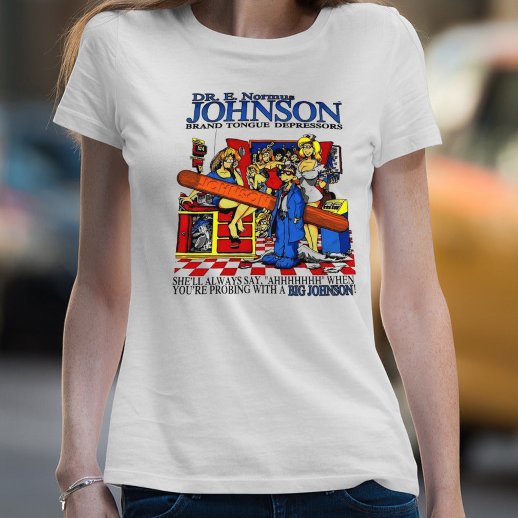 Dr E Normus Johnson brand tongue depressors shirt