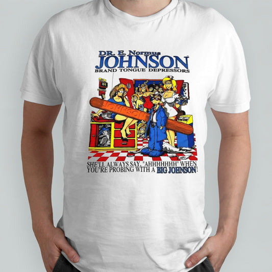 Dr E Normus Johnson brand tongue depressors shirt