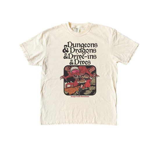Dungeons and Dragons and Drive Ins and Dives Funny T-Shirt, Dragon Comfort Colors Graphic Tee, Vintage Food T Shirt