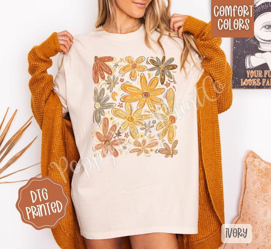Fall Boho Floral Shirt Comfort Colors, Trendy Women's Graphic Tshirt