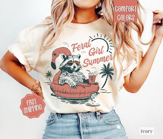 Feral Girl Summer Shirt Comfort Colors, Beach TShirt, Funny Raccoon Tee, Oversized Graphic Tshirt