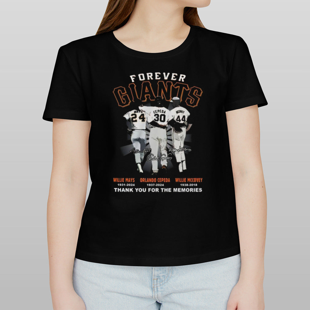 Forever Giants Willie Mays, Orlando Cepeda And Willie Mccovey Thank You For The Memories Signatures T-shirt