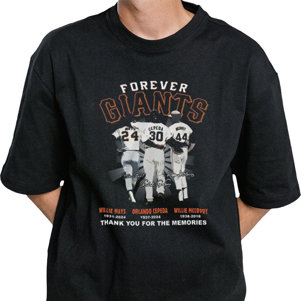 Forever Giants Willie Mays, Orlando Cepeda And Willie Mccovey Thank You For The Memories Signatures T-shirt
