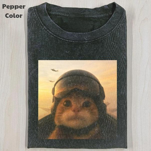 Funny Animal Vintage Graphic Tee, Pilot Cat T-Shirt, Cat Wars Animal Shirt, Unisex Meme Cringe Funny Shirt, Menswear Womenswear Streetwear Cotton Comfort