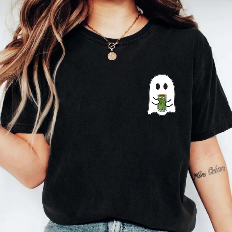 Ghost Pickle Pocket Size T-Shirt, Trendy Pickle Jar Halloween Shirt, Unisex Pickle Lover Gift Tee, Spooky Season Short Sleeve, Cute Boo Tee.