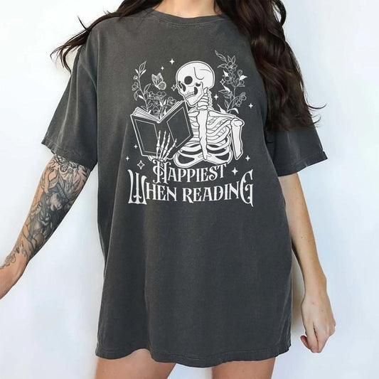 Happiest When Reading Shirt, Funny Skeleton Book Worm Tee, Book Lover Graphic Tee Women, Readers Unhinged Shirt, Comfy Fabric Oversized Graphic Tee, Women's Tops, Womenswear, Cotton Fabric Relaxed Fit Chic Style