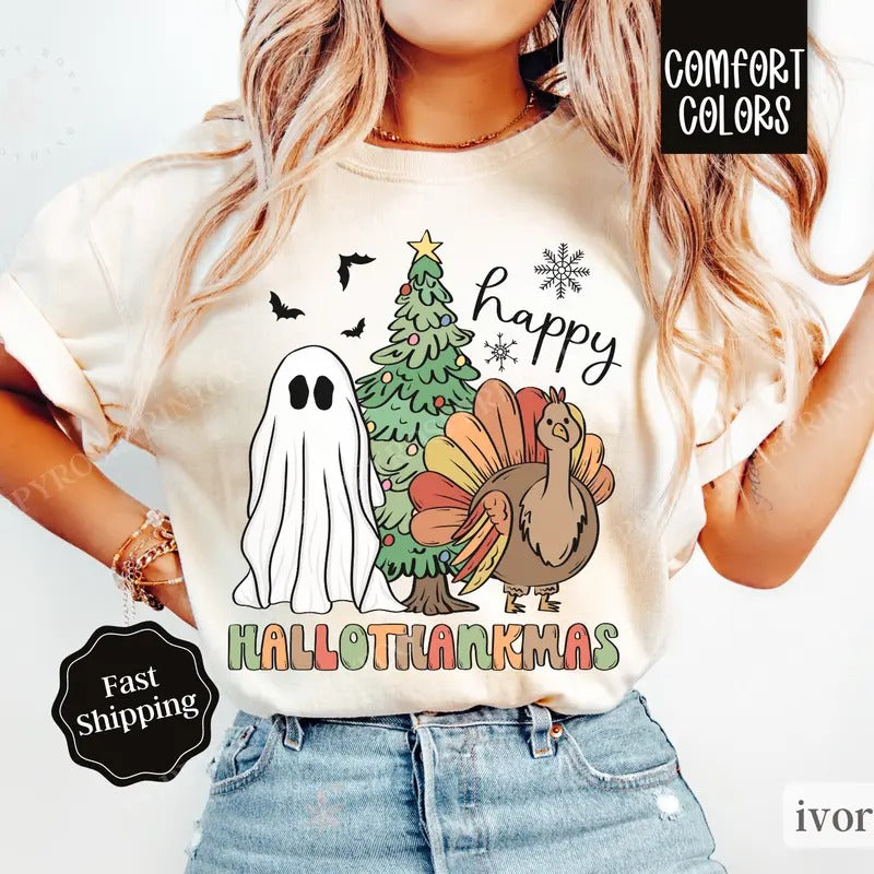 Happy Hallothankmas Shirt Comfort Colors , Halloween Thanksgiving Christmas Shirt,  Women's Holiday Teestyle{n002}2