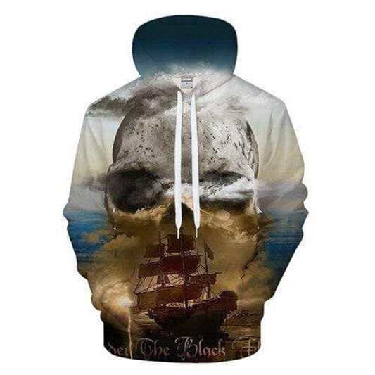 HickVibes White Ocean Blue Boat Skull Dead Pirate B1049 3D Pullover Printed Over Unisex Hoodies