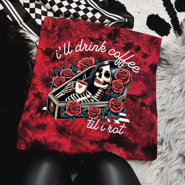 'I'll Drink Coffee Til I Rot' Red & Black Tie Dye Crewneck Sweatshirt, Alt, Grunge, Streetwear, Sarcastic, Punk, Cotton, Casual, Comfort