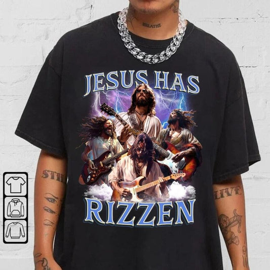 Jesus Has Rizzen Guitar Funny shirt, Jesus Plays Guitar, Funny Jesus Shirt Cotton Polyester Menswear Top