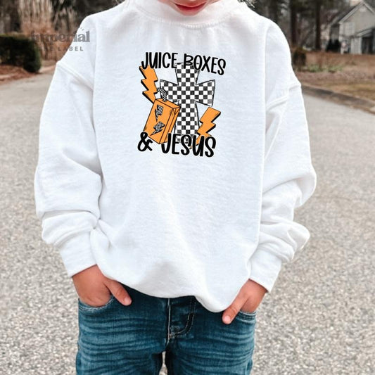 Juice Boxes & Jesus Youth Sweatshirt and Kid's Comfort Colors T-Shirt, Faith-Based Funny Crewneck, Christian Kids Apparel, Cozy Youth Pullover, Religious Graphic Tee, Inspirational Youth Sweatshirt