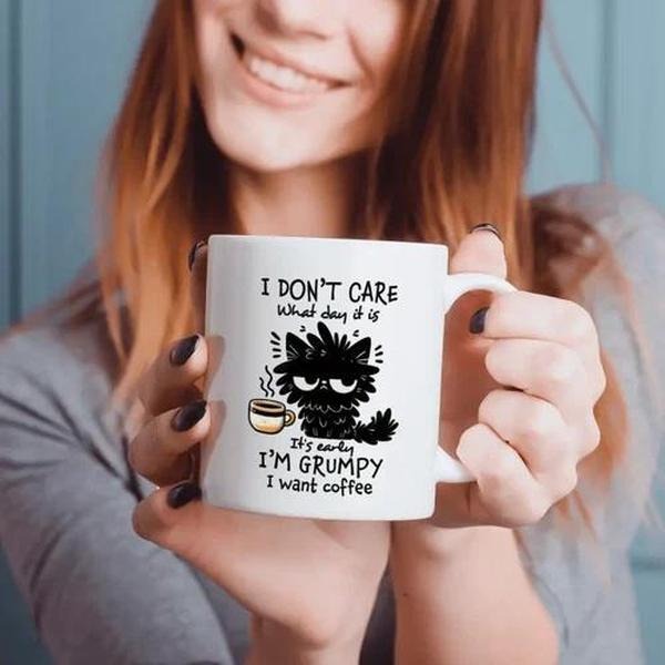 Large Ceramic Funny Mug of I DON'T CARE cat, Grumpy Coffee Lovers Gift