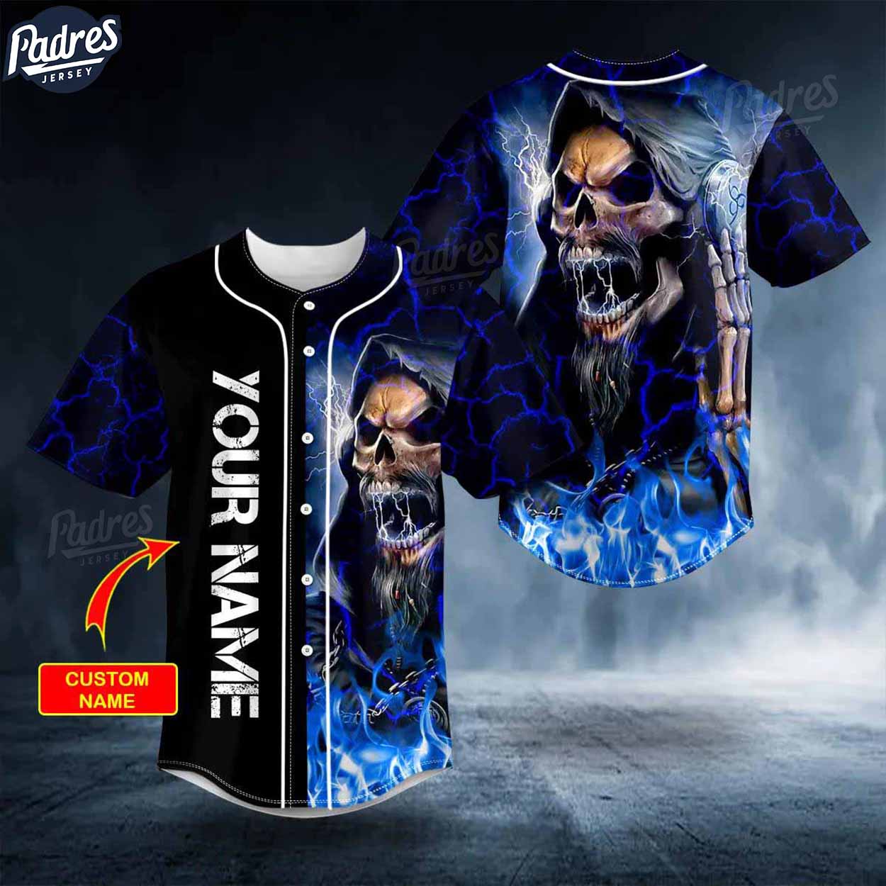 Custom Melodic Death Metal Grim Reaper Blue Fire Skull Baseball Jersey - Padres Jersey Oasis: Elevate Your Baseball Style Game