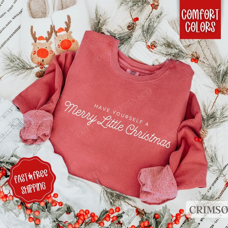 Merry Little Christmas Comfort Colors Sweatshirt, Xmas Sweater Womenswear, Holiday Crewneck