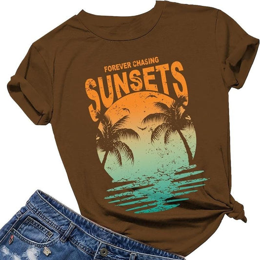 Oversized Sunset Graphic Tees for Women Forever Chasing Sunset Graphic Tees Summer Casual Hawaiian Shirts for Women