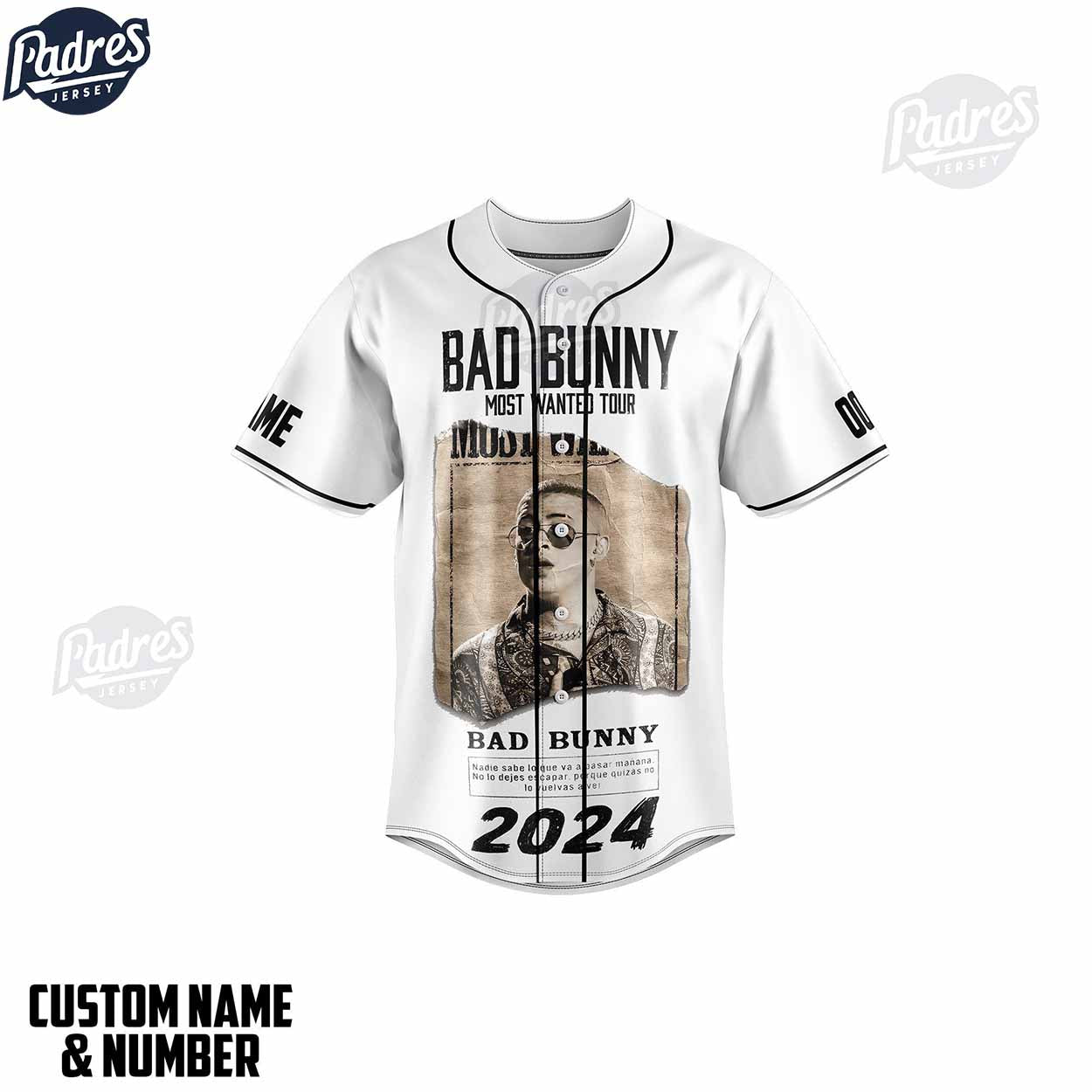Personalized Bad Bunny Most Wanted Tour 2024 Baseball Jersey Shirt - Padres Jersey Oasis: Elevate Your Baseball Style Game