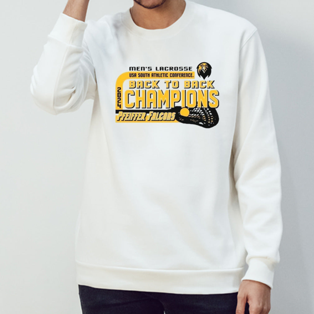 Pfeiffer Falcons 2024 Menâ€™s Lacrosse Usa Sac Back To Back Champions Shirt
