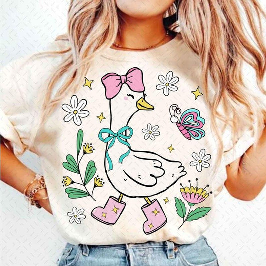 Pink Coquette Goose tshirt, Mama Goose sweatshirt, Spring Floral Goose tshirt, Girly tshirt, Coquette Bow, Girl Goose, Funny Animal Clipart, shirt for women