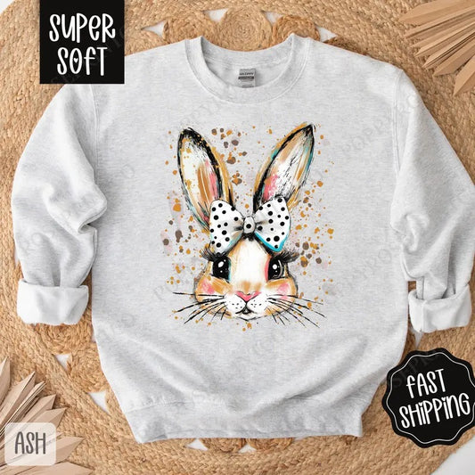 Polka Dot Bow Bunny Sweatshirt, Coquette Easter Crewneck, Trendy Religious Women's Sweater, Gift for Her