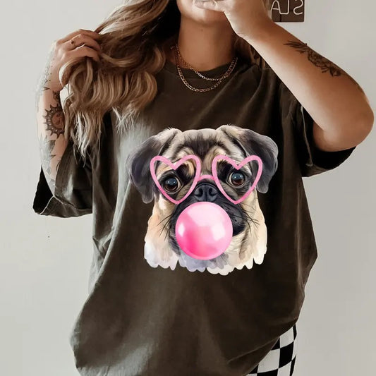 Pug Blowing Bubble Gum Shirt ~ Unisex Apparel Relaxed Fit Printed In The USA Clothing Womenswear Casual Comfort Cotton Top Athletic Boho Chic