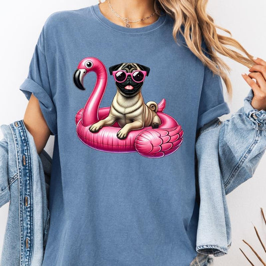 Pug Flamingo Float Dog Shirt ~ Unisex Apparel Relaxed Fit Printed In The USA Clothing Womenswear Casual Comfort Cotton Top Athletic Boho Chic