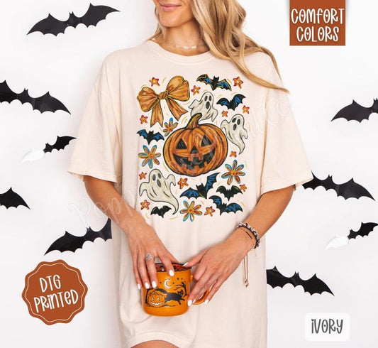 Pumpkin Floral Collage Shirt Comfort Colors, Trendy Halloween Tshirt
