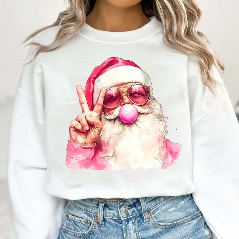 Retro Santa Christmas Blowing Bubble Shirt, Vintage Merry Christmas Shirt, Funny Santa With Sunglasses Xmas Holiday Sublimation