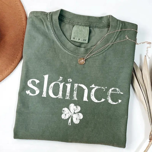 Retro Slainte Irish Lucky Clover St Patrick's Day Graphic Printed Unisex Classic Cotton T-shirt Sweatshirt Hoodie