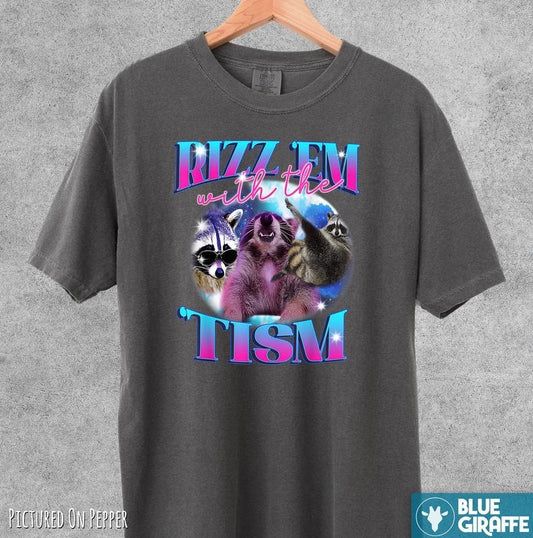 Rizz Em With The Tism Funny Shirt, Vintage Raccoon Bootleg Shirt, Autism Awareness, Raccoon Meme Tee, Comfort Colors Shirt