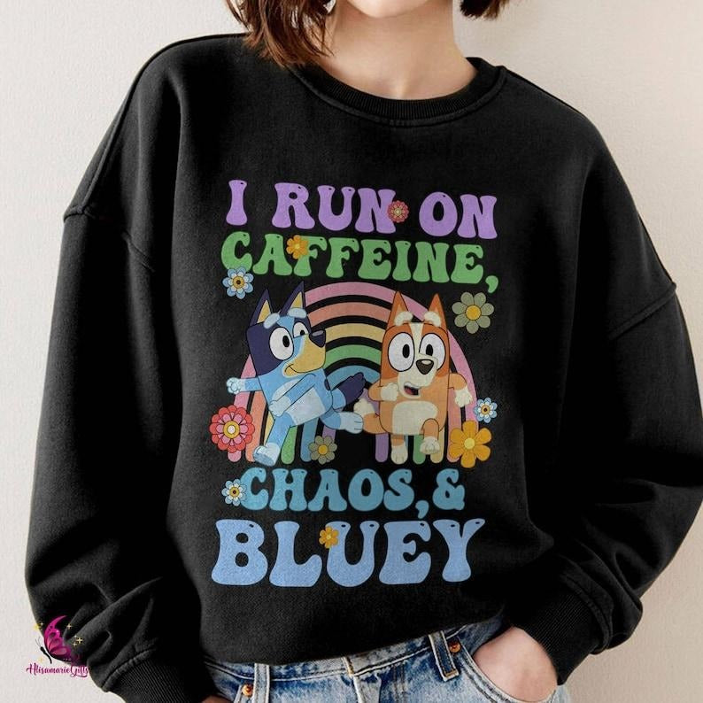 Running on Caffeine Chaos and Bluey Mom Shirt, Chilli Heeler Shirt, Mom Bluey Shirt, Mama Shirt, Chilli Heeler Bluey Family Shirt, Bluey shirt, Bingo Mom Sweatshirt