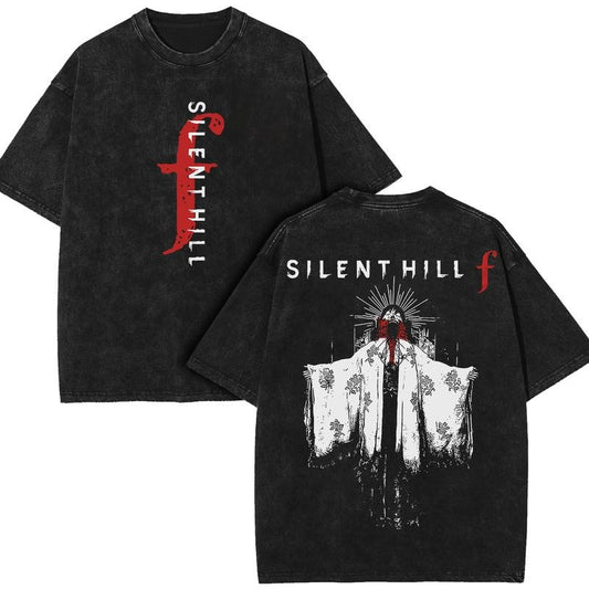 Silent Hill f art ghost horror Game Washed Tshirt 2 Sided Cotton unisex Gaming Top graphic tshirts print back fan gamer streetwear lover graphic tee