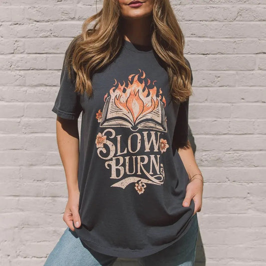 Slow Burn Graphic Tee,  Gift For Book Lover, Womenswear Crewneck Cotton Casual Fashion