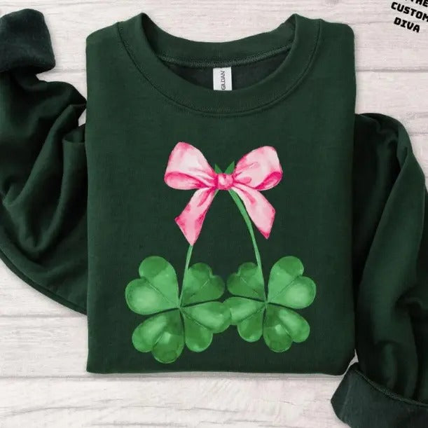 St Patrick Day Coquette Bow Sweatshirt, St Patrick Shirt, Lucky Shamrock Sweatshirt, Happy Irish Sweatshirt, Trendy Irish Sweatshirt