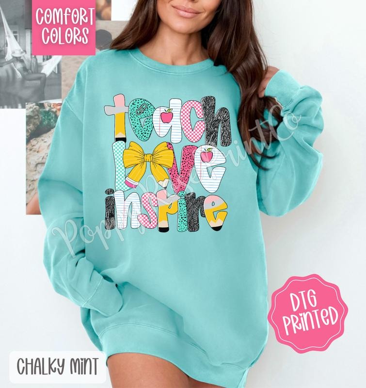 Teach Love Inspire Comfort Colors Sweatshirt, Cute Teacher Sweater, Trendy Bow Crewneck, Gift for Her
