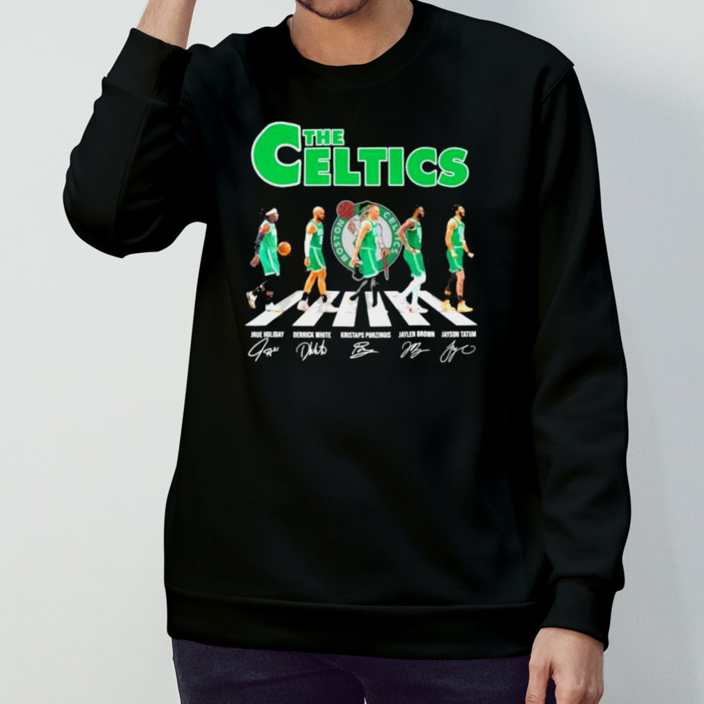 The Boston Celtics Abbey Road Holiday White Porzingis Brown And Tatum Signatures Shirt