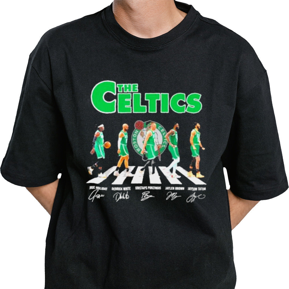 The Boston Celtics Abbey Road Holiday White Porzingis Brown And Tatum Signatures Shirt
