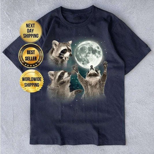 Three Raccoons Vintage Graphic T-shirts Retro Raccoon Moon Tshirt Raccoon Lovers Funny Raccon Tee Oversized Washed Tee Raccoon Gifts TK43GN