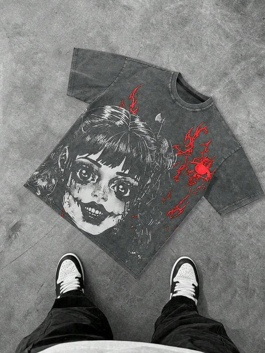 Unisex Cartoon Girl Print Short Sleeve T-shirt, Street Fashion Casual Soft Comfy Graphic Tee for Daily Wear, Unisex Top for Summer, Women, Cotton