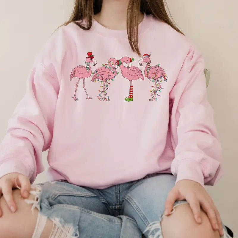 Unisex Christmas Flamingo Sweatshirt - Classic Fit Crewneck Sweatshirt & Tshirt - Cotton, Fabric Womenswear Fitted