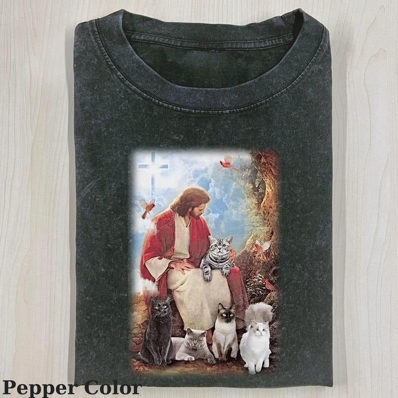 Vintage Jesus And Cats T-Shirt, Fantasy Kitten Tshirt, Cute Cat Shirt, Cool Cat Tshirt, Jesus T-shirt, Love Jesus T-shirt, Love Cat Tshirt, Meme Cringe Funny Dumb Shirts, Unisex Shirt Menswear Womenswear Streetwear