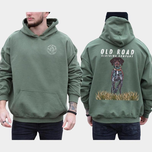 Vintage Old Road German Shorthaired Pointer 2-Sided Hoodie Unisex Mens Best Friend Dog Hunt Sweatshirt, Comfort Colors - Tops, Menswear